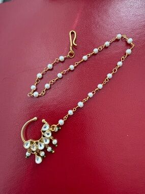 Gold and White Pearl Kundan Style Nose Ring Chain